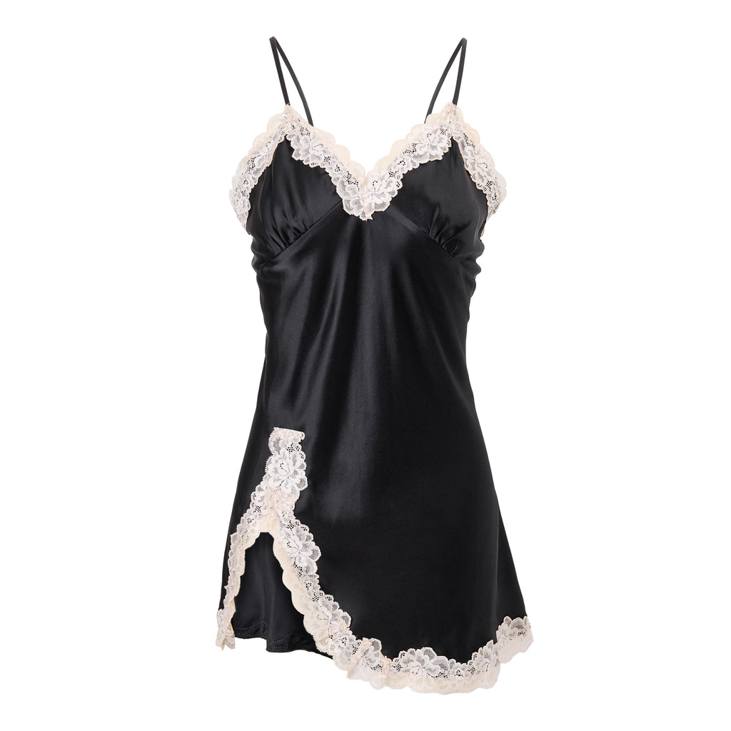 月光蕾絲開衩睡裙｜真絲細肩帶睡裙