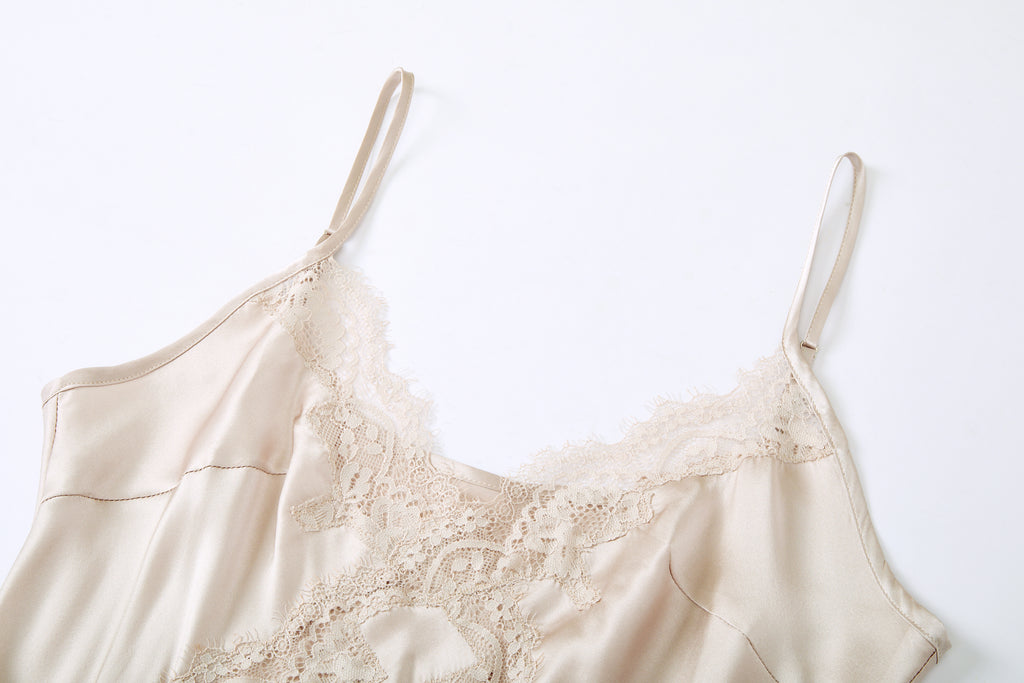 柔光蕾絲細肩帶睡裙｜真絲睡裙