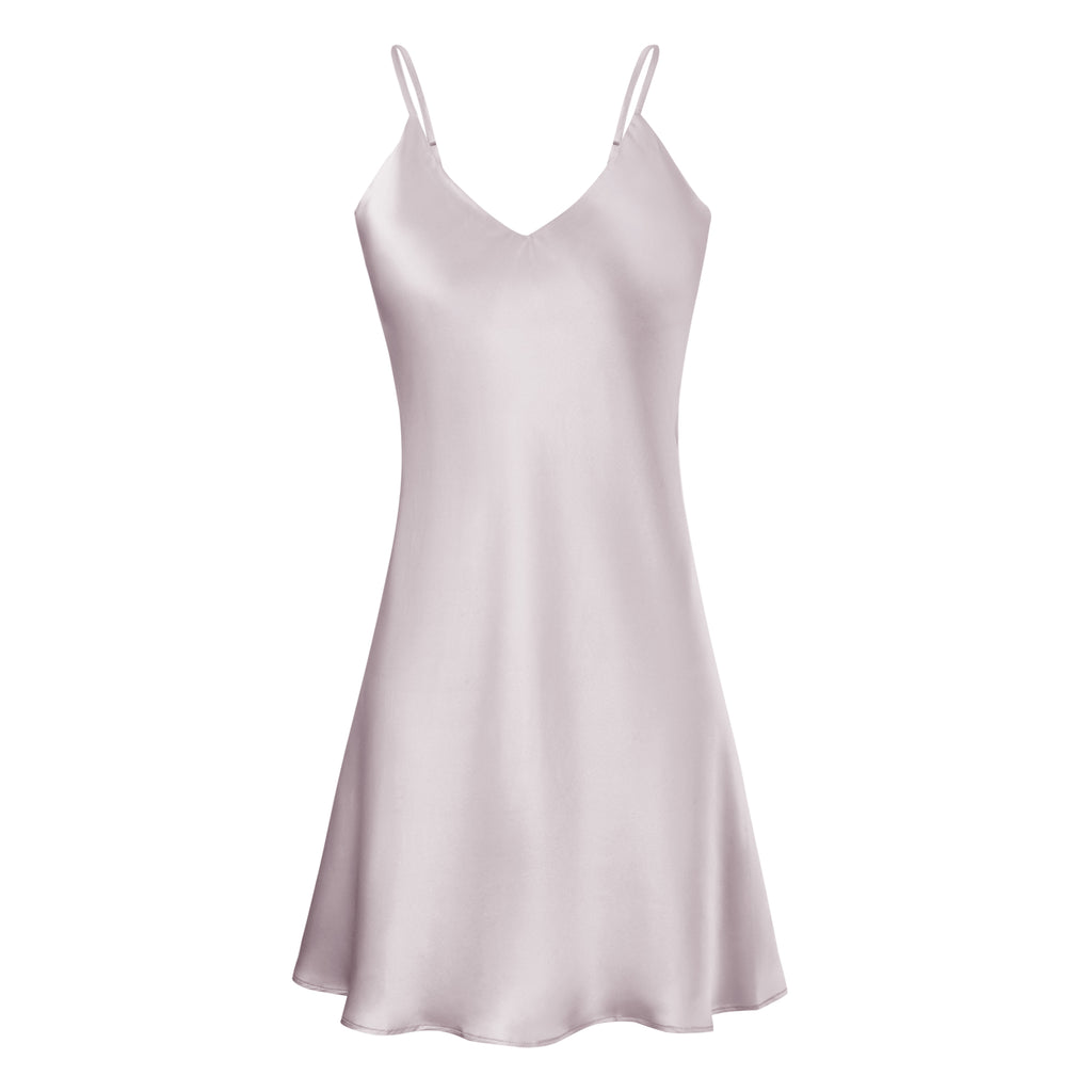 真絲胸墊吊帶睡裙｜可拆胸墊免穿內衣・親膚透氣桑蠶絲睡衣（黑／灰紫）