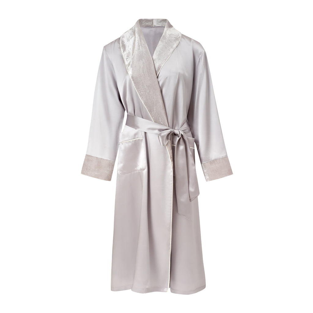真絲絲絨睡袍｜絲滑柔光・法式優雅居家晨袍（裸粉／灰紫）