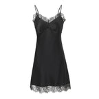 真絲蕾絲吊帶睡裙＋睡袍套組｜可拆胸墊免穿內衣・經典黑法式優雅套裝