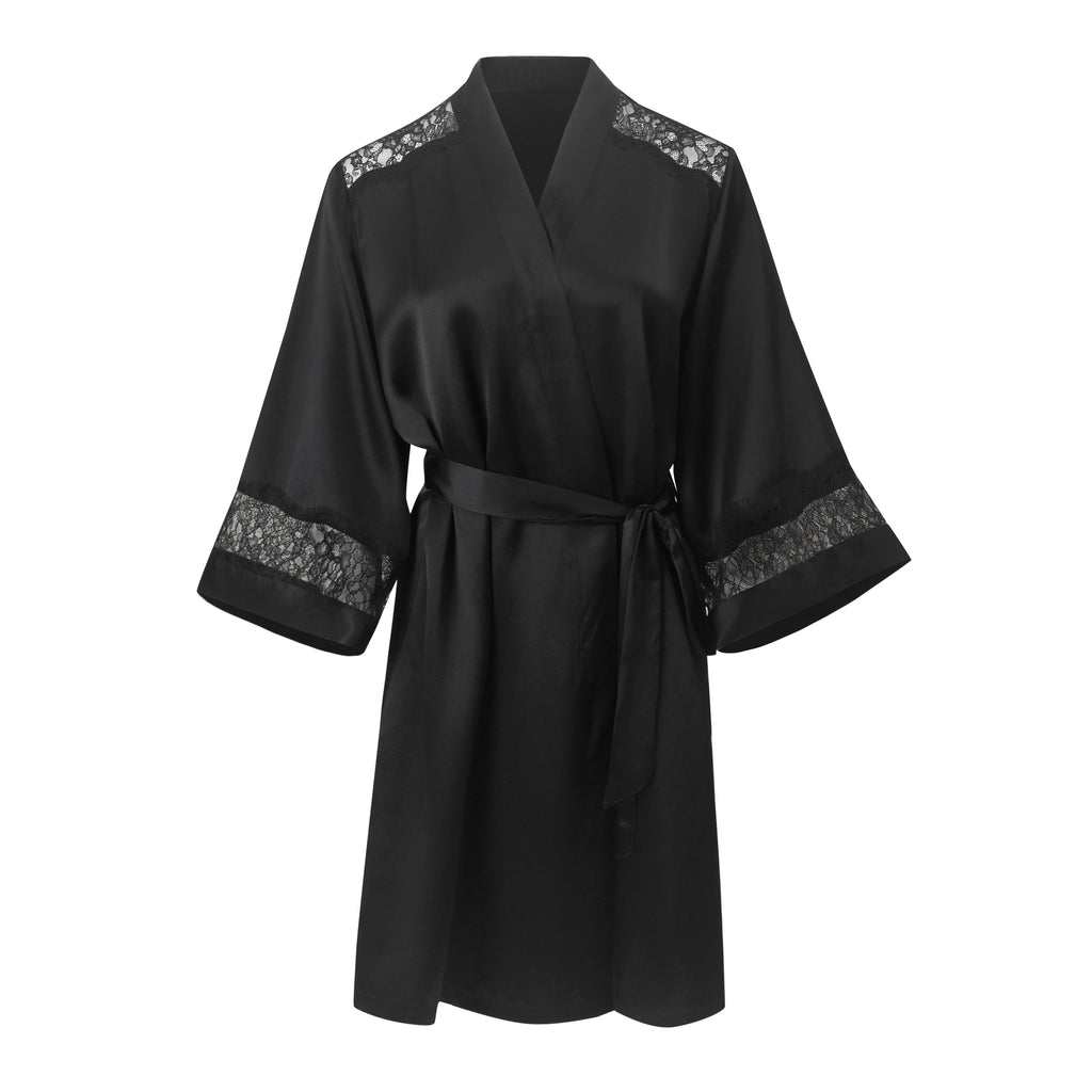 真絲蕾絲吊帶睡裙＋睡袍套組｜可拆胸墊免穿內衣・經典黑法式優雅套裝