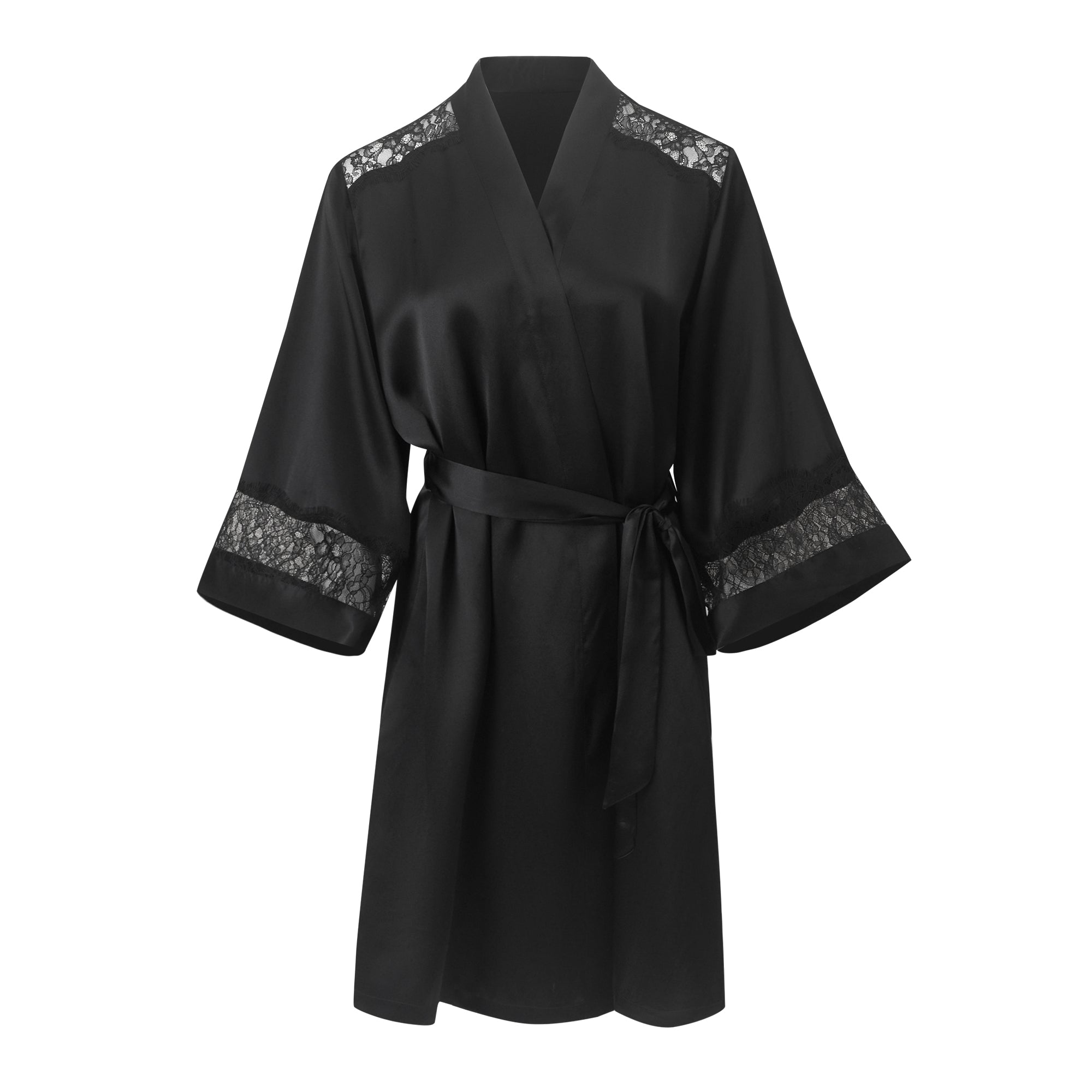 真絲蕾絲吊帶睡裙＋睡袍套組｜可拆胸墊免穿內衣・經典黑法式優雅套裝