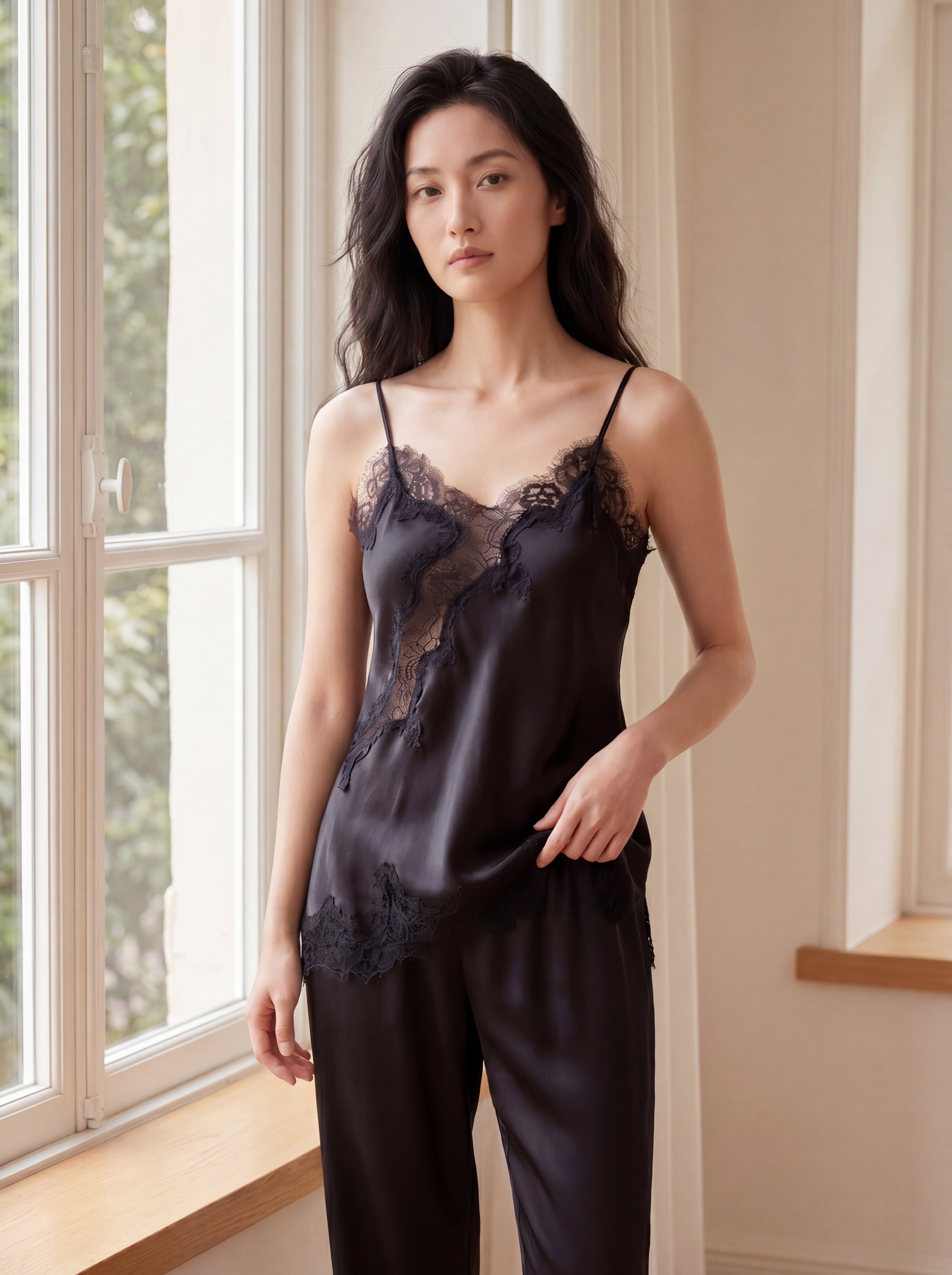 夜影蕾絲長褲套裝｜真絲睡衣套裝