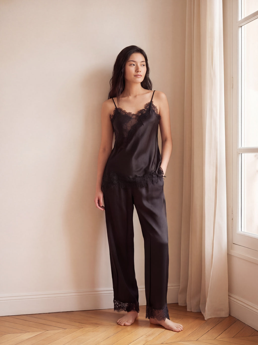 夜影蕾絲長褲套裝｜真絲睡衣套裝