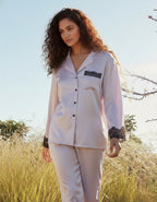 真絲蕾絲長袖睡衣套裝｜100%桑蠶絲・秋冬保暖家居服（咖啡／灰紫）