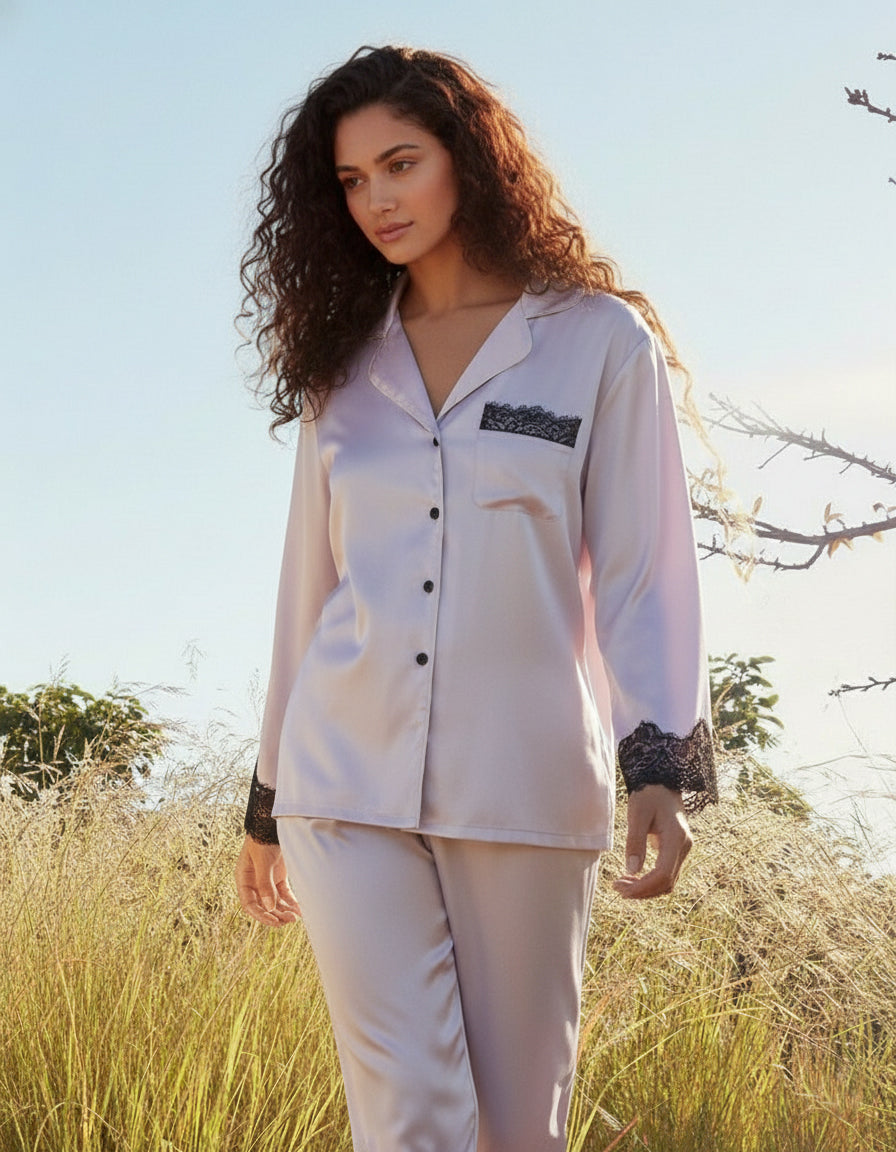 真絲蕾絲長袖睡衣套裝｜100%桑蠶絲・秋冬保暖家居服（咖啡／灰紫）