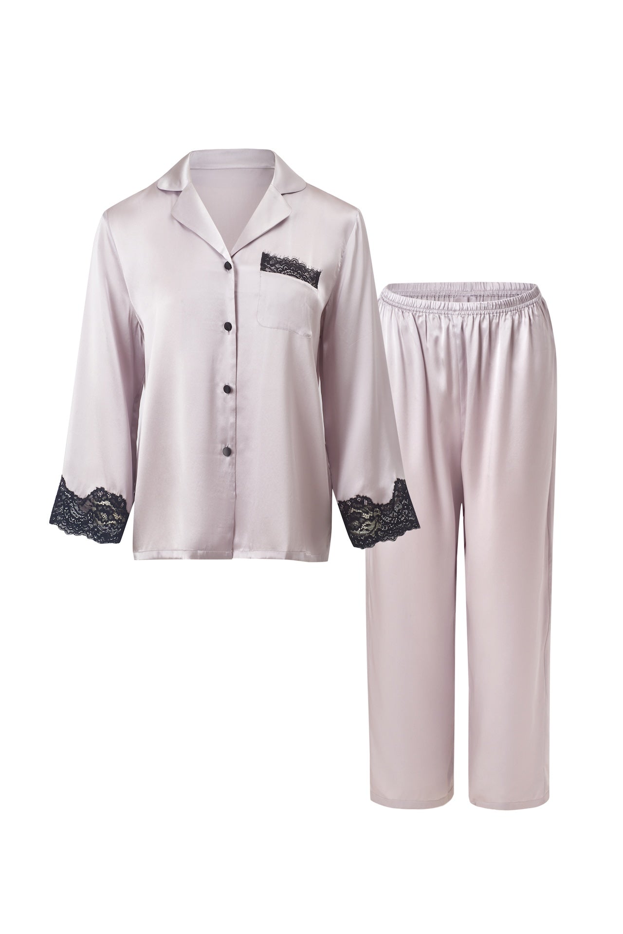 真絲蕾絲長袖睡衣套裝｜100%桑蠶絲・秋冬保暖家居服（咖啡／灰紫）