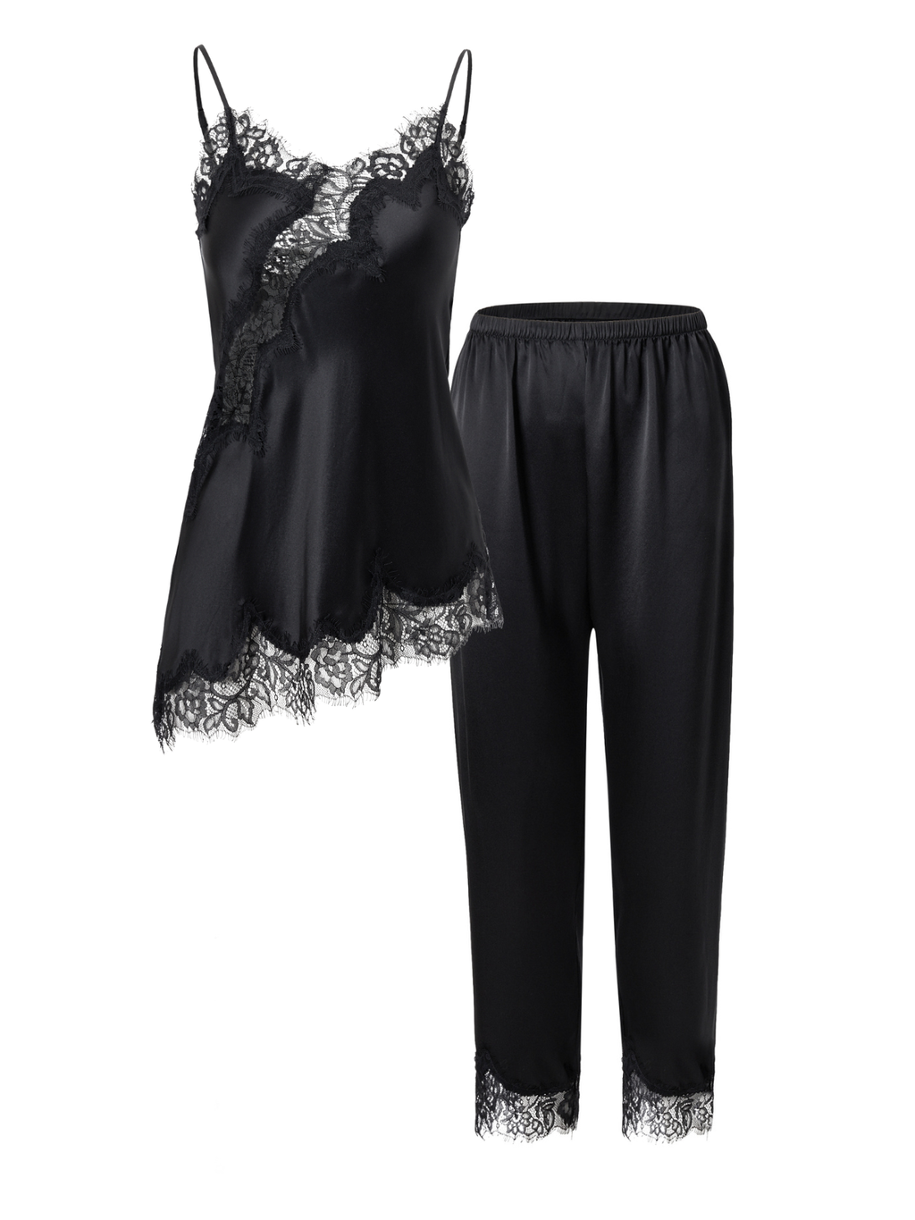 夜影蕾絲長褲套裝｜真絲睡衣套裝