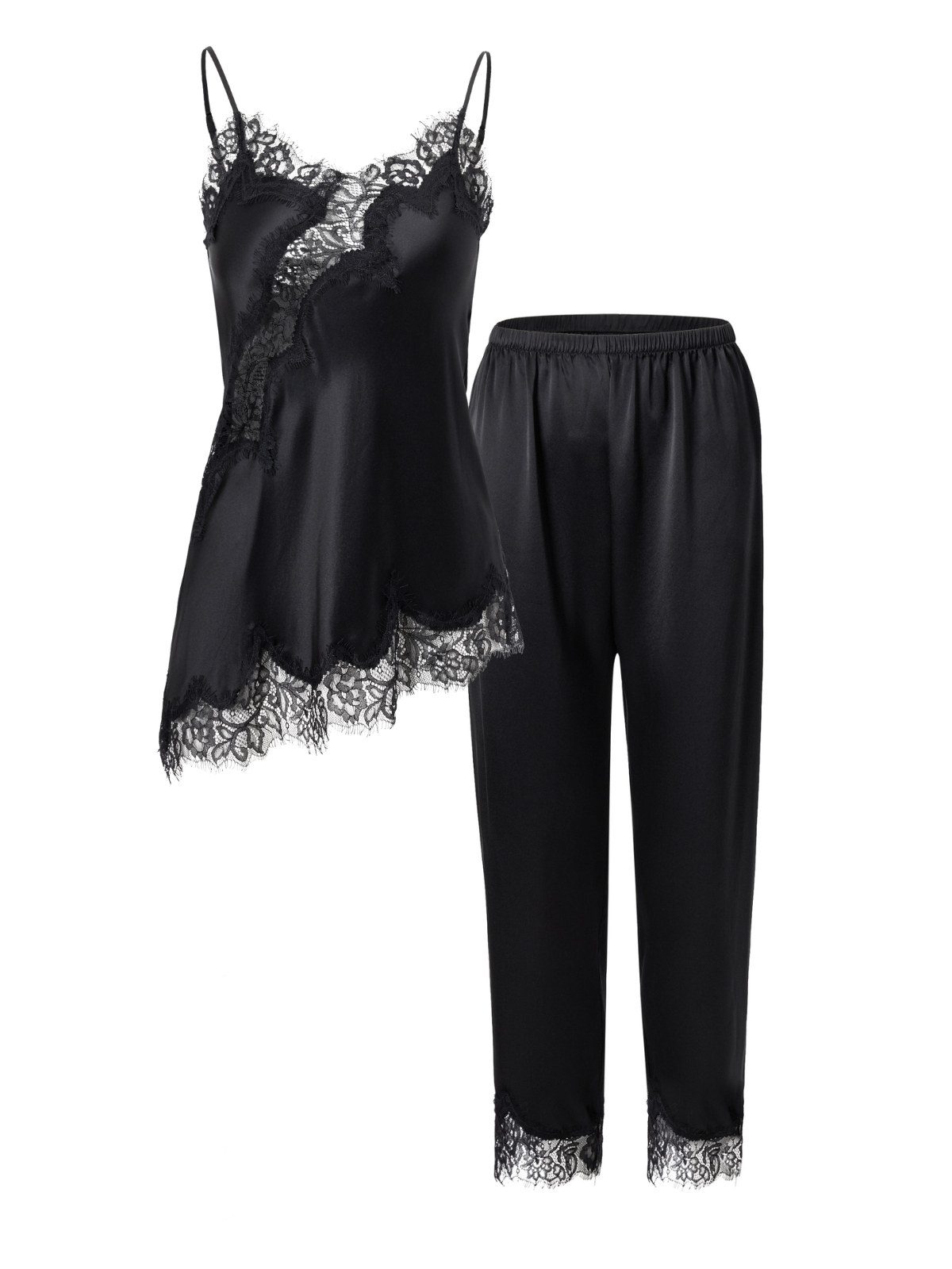 夜影蕾絲長褲套裝｜真絲睡衣套裝