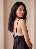 月光蕾絲開衩睡裙｜真絲細肩帶睡裙