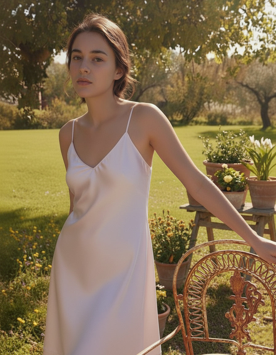 真絲胸墊吊帶睡裙｜可拆胸墊免穿內衣・親膚透氣桑蠶絲睡衣（黑／灰紫）