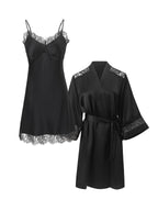 真絲蕾絲吊帶睡裙＋睡袍套組｜可拆胸墊免穿內衣・經典黑法式優雅套裝