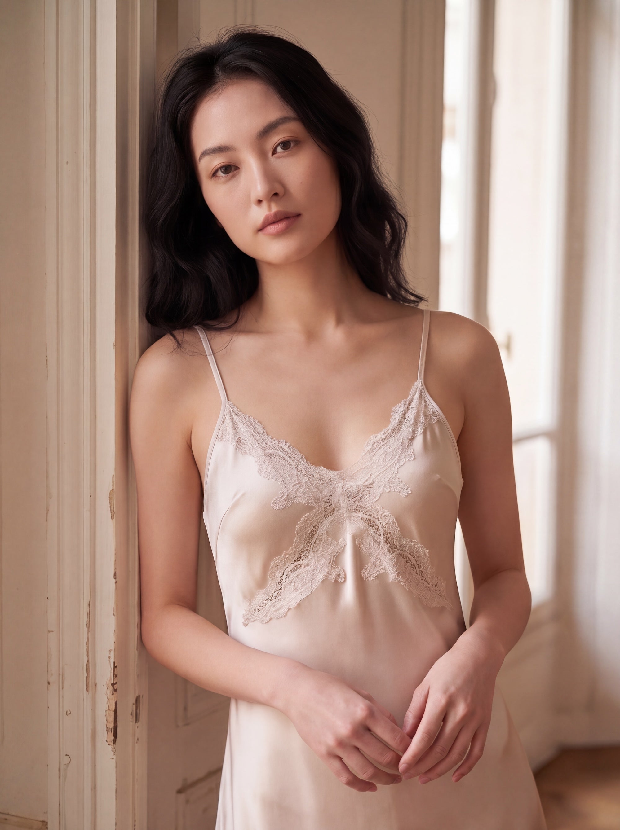 柔光蕾絲細肩帶睡裙｜真絲睡裙