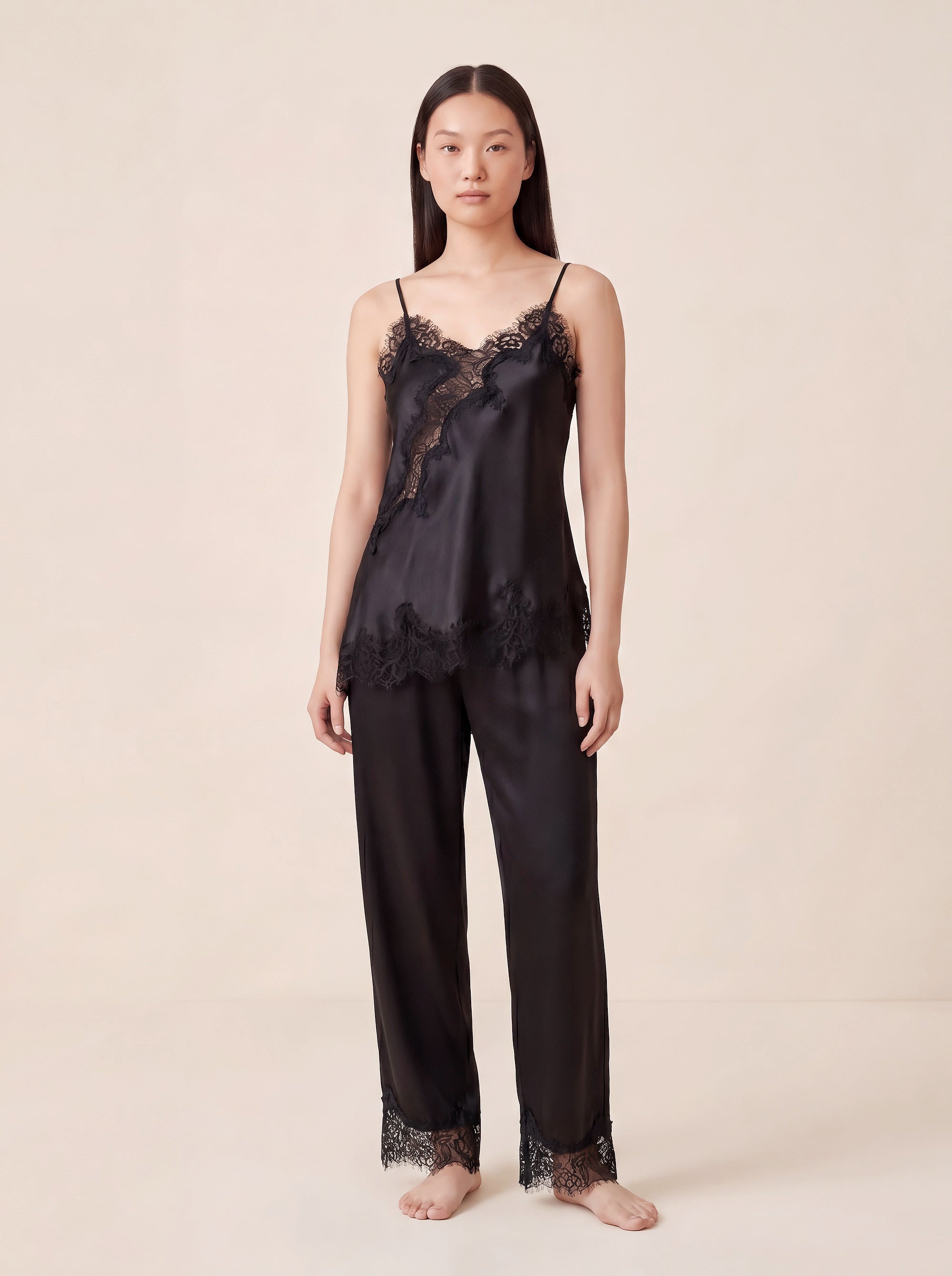 夜影蕾絲長褲套裝｜真絲睡衣套裝