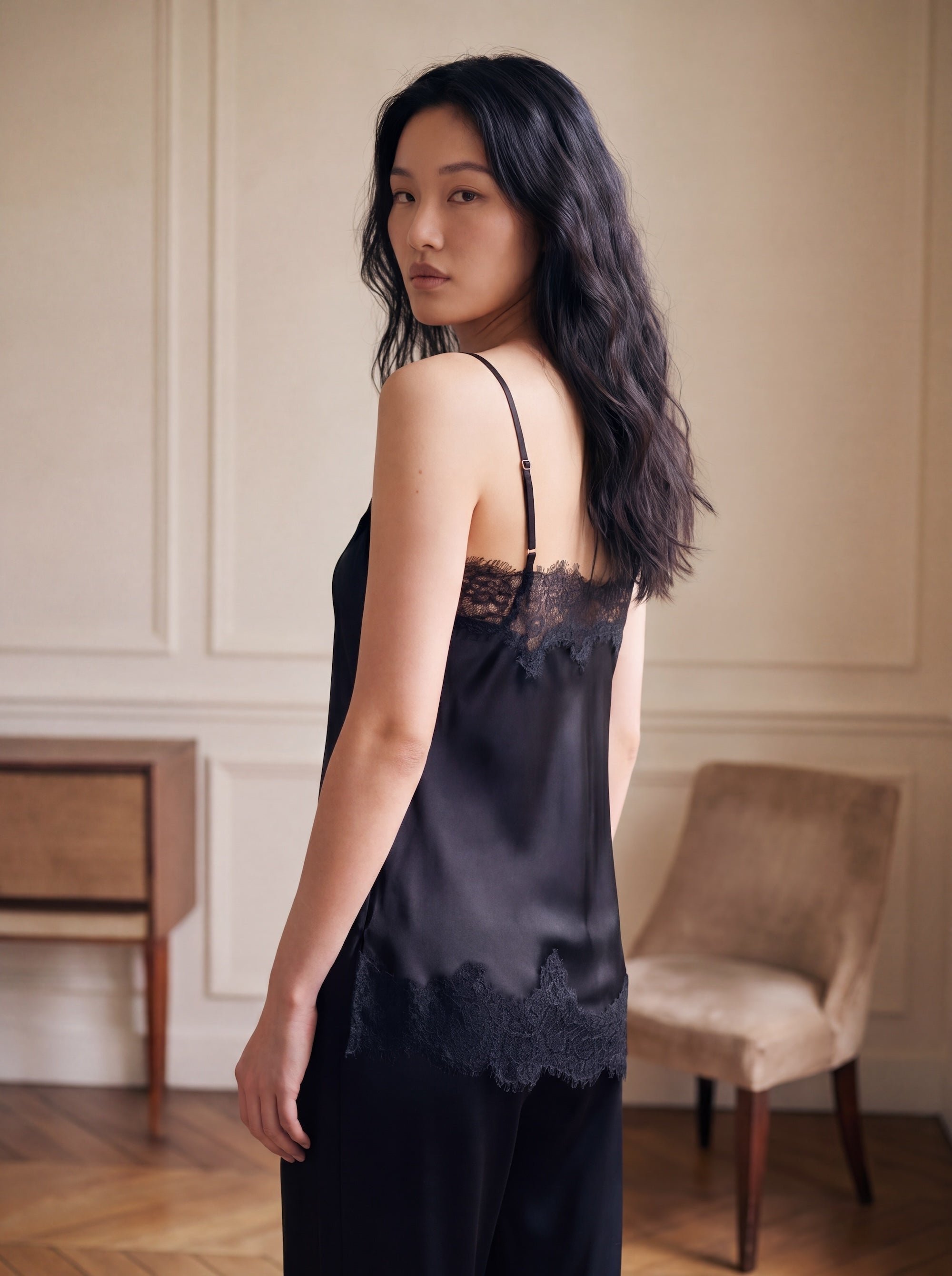 夜影蕾絲長褲套裝｜真絲睡衣套裝