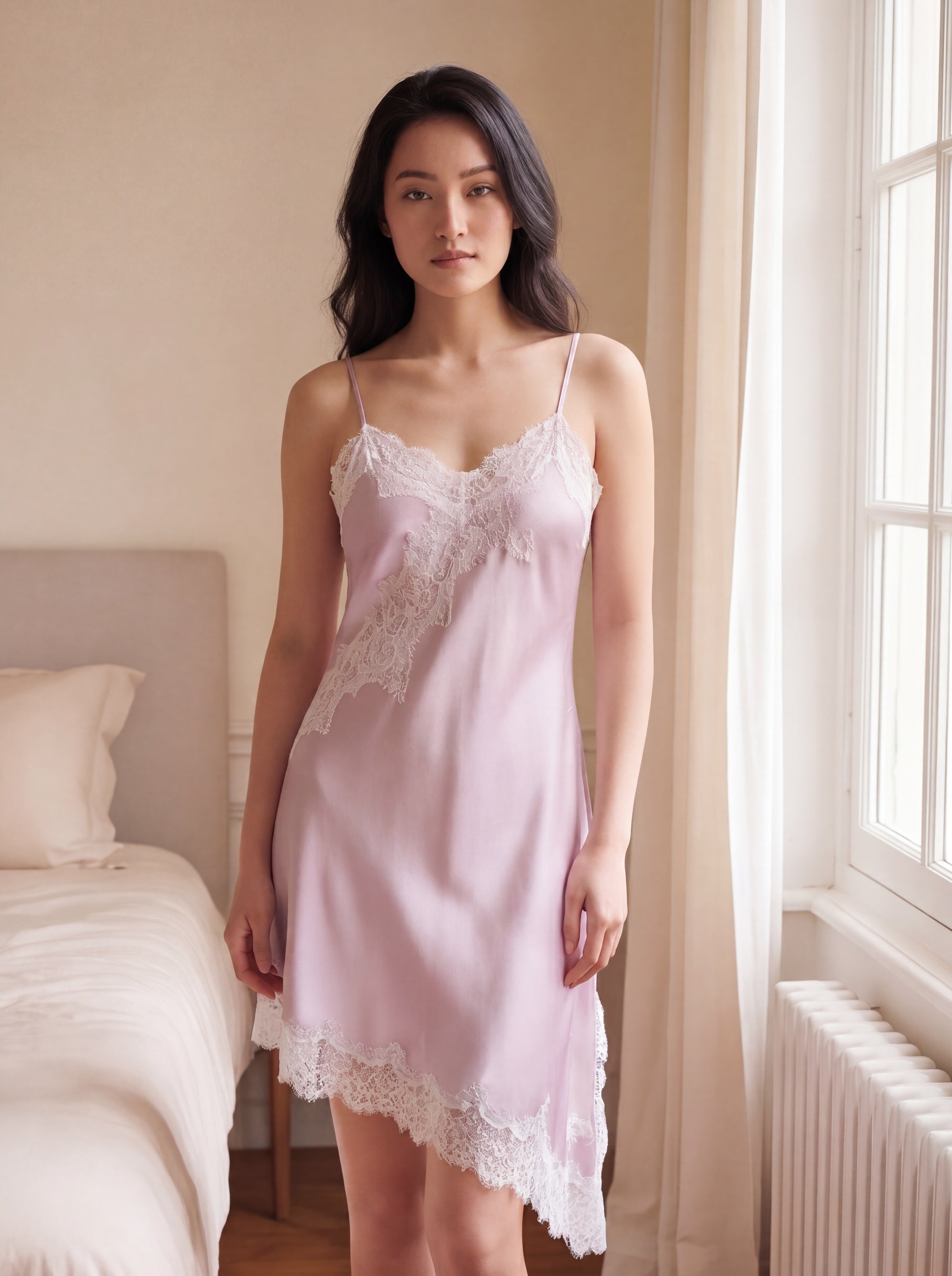 暮光不規則蕾絲睡裙｜真絲細肩帶睡裙