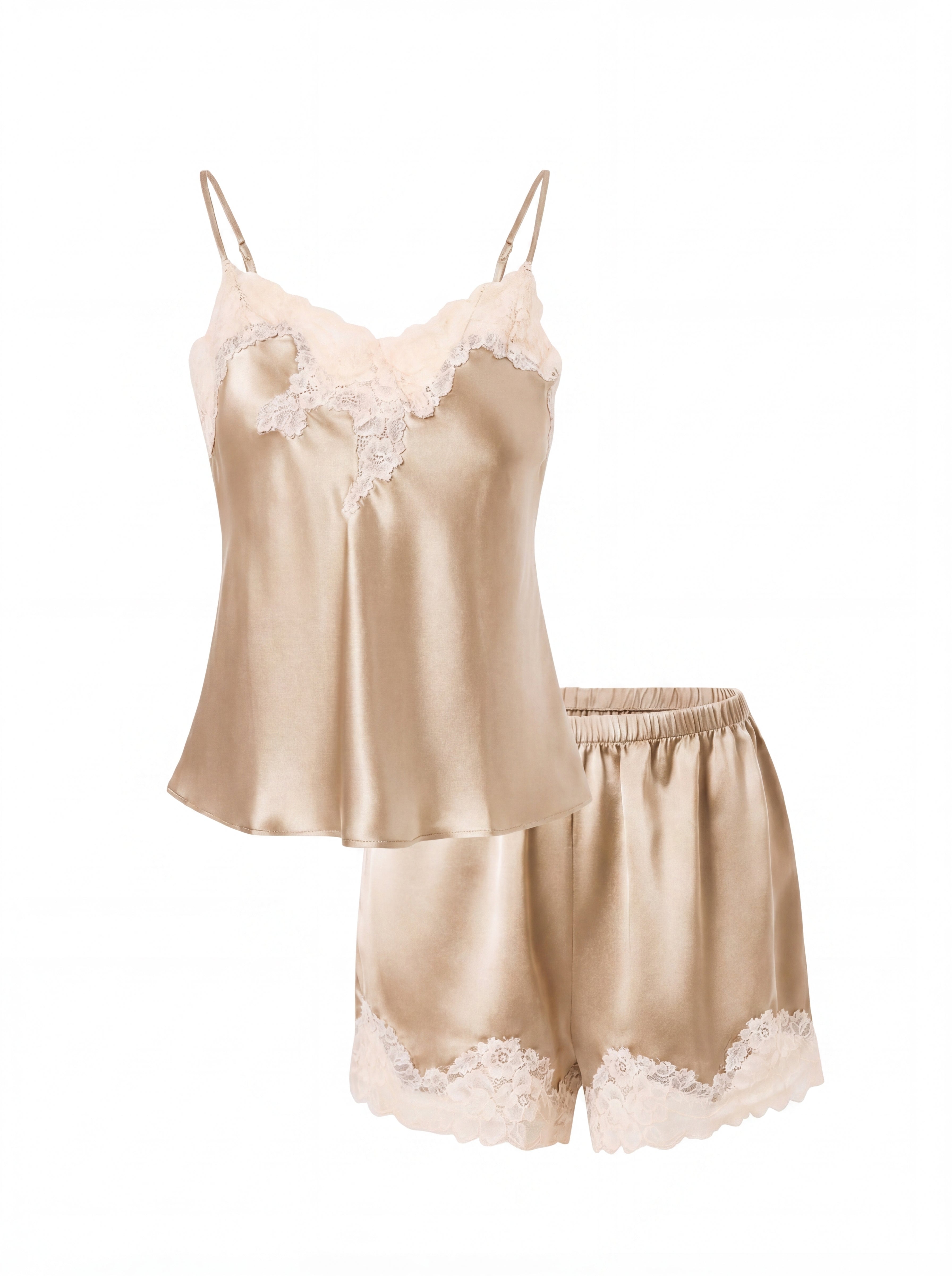 微光蕾絲短褲套裝｜真絲細肩帶睡衣