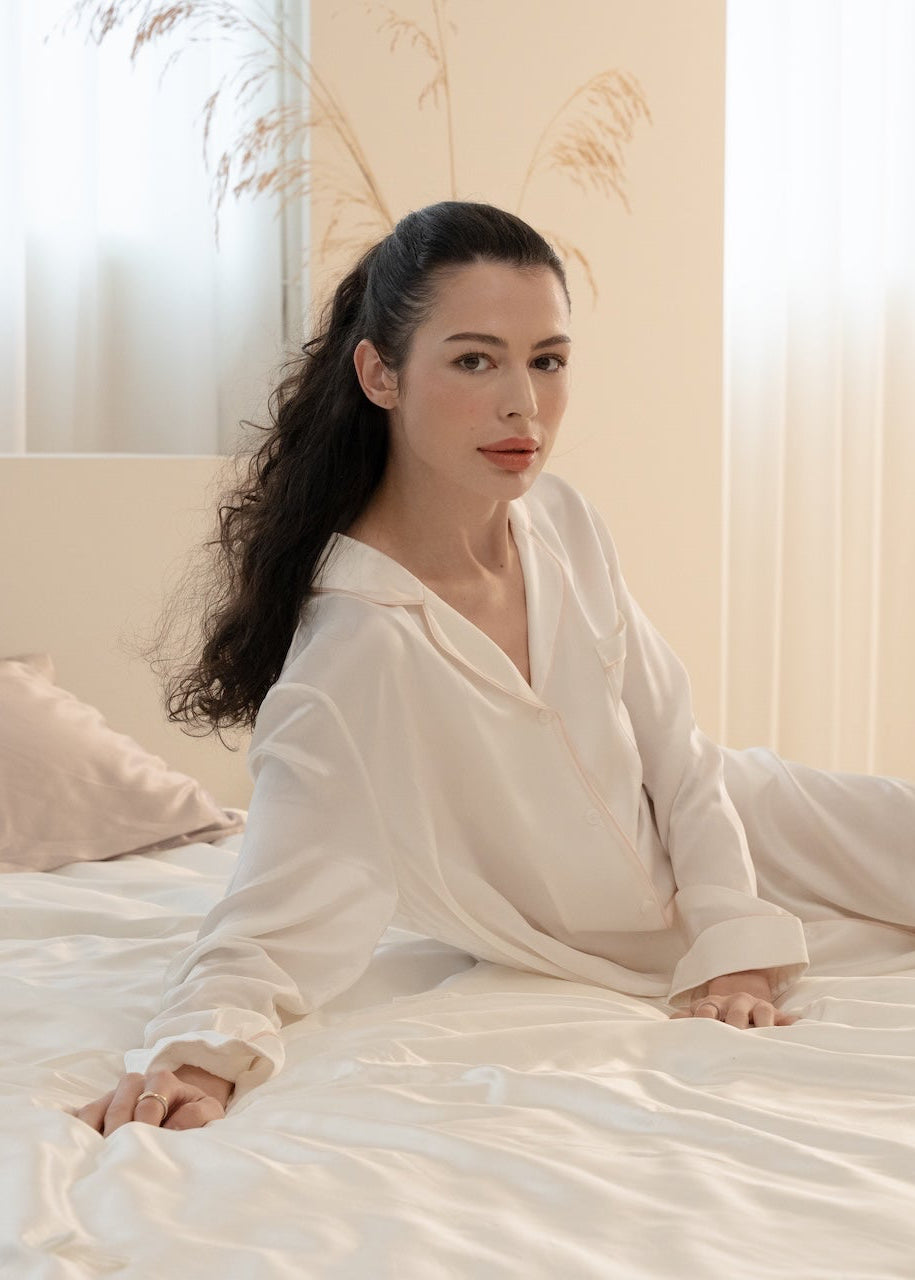 【男友感真絲襯衫睡裙】獨家設計 × 初戀白與甜心粉雙色