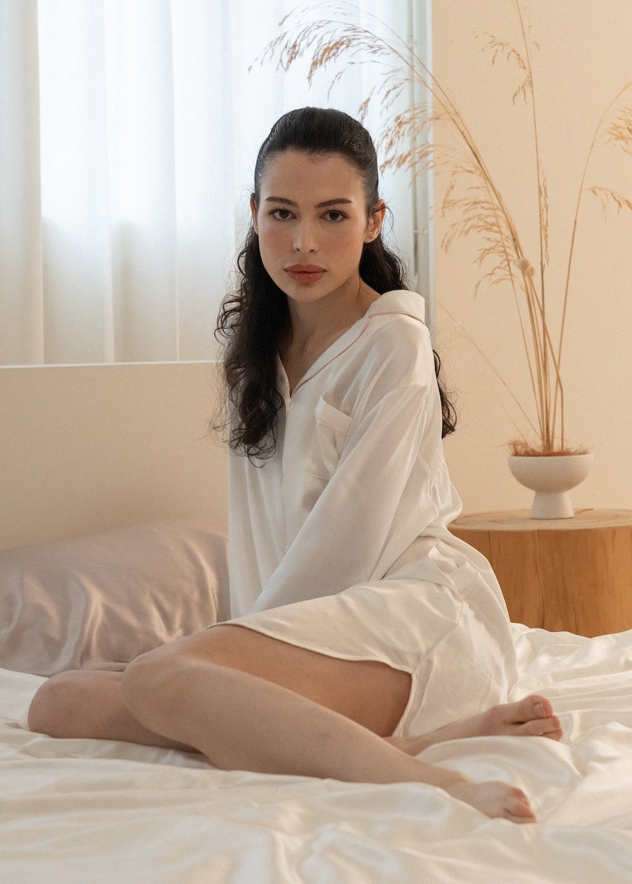 【男友感真絲襯衫睡裙】獨家設計 × 初戀白與甜心粉雙色