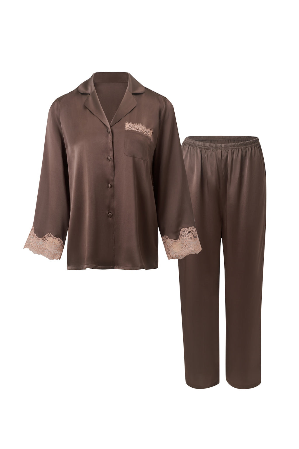 真絲蕾絲長袖睡衣套裝｜100%桑蠶絲・秋冬保暖家居服（咖啡／灰紫）