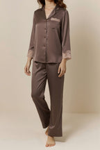 真絲蕾絲長袖睡衣套裝｜100%桑蠶絲・秋冬保暖家居服（咖啡／灰紫）