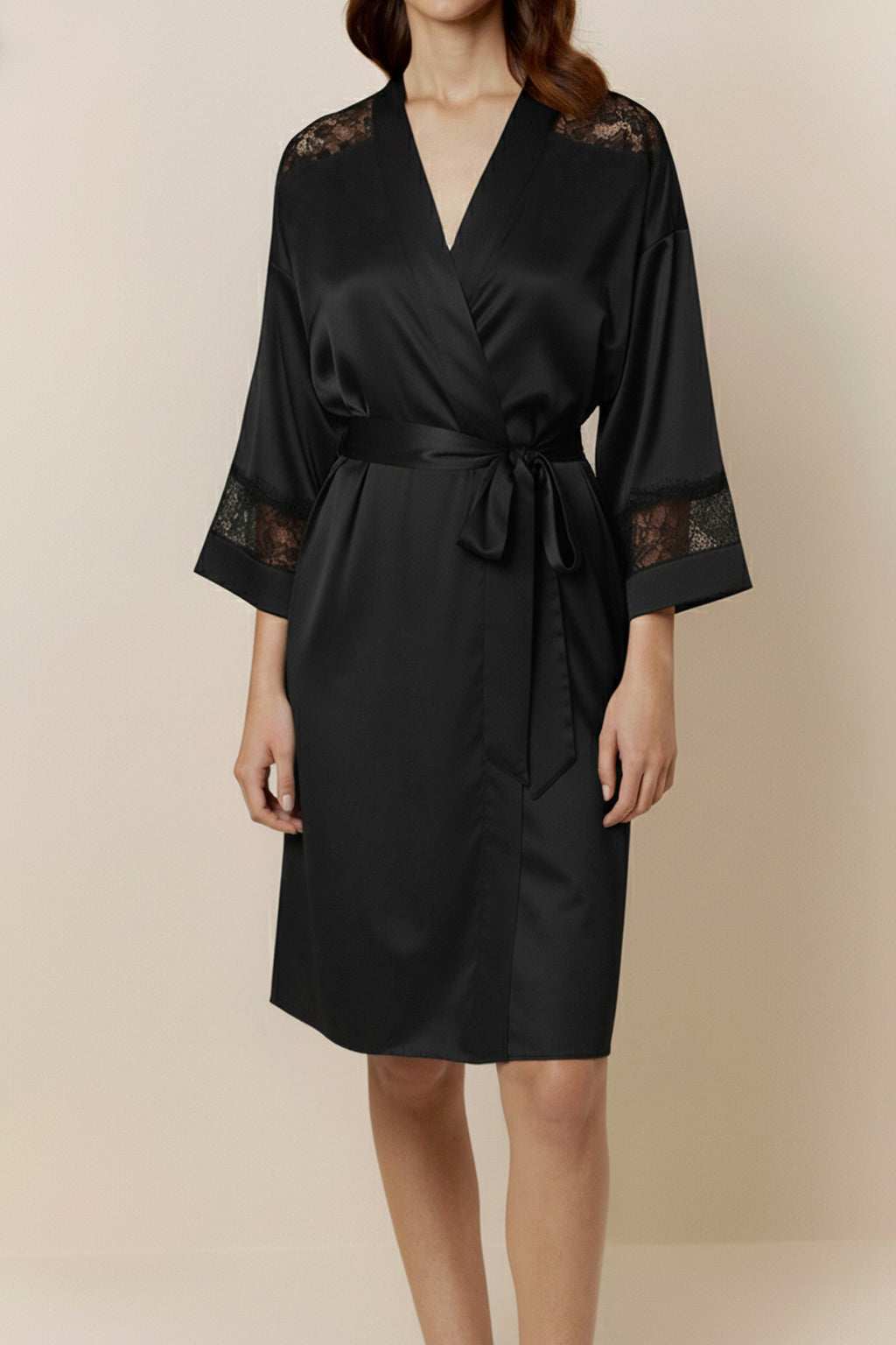 真絲蕾絲吊帶睡裙＋睡袍套組｜可拆胸墊免穿內衣・經典黑法式優雅套裝