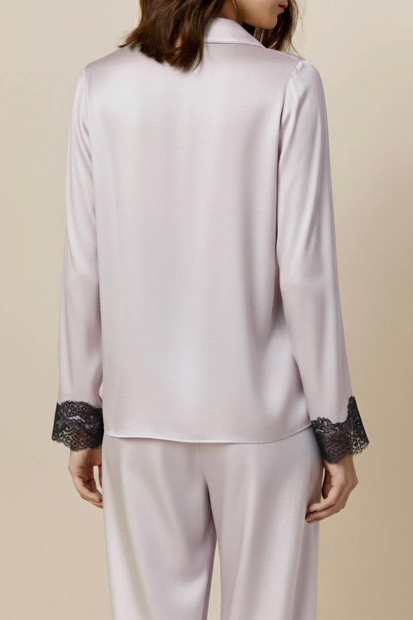 真絲蕾絲長袖睡衣套裝｜100%桑蠶絲・秋冬保暖家居服（咖啡／灰紫）